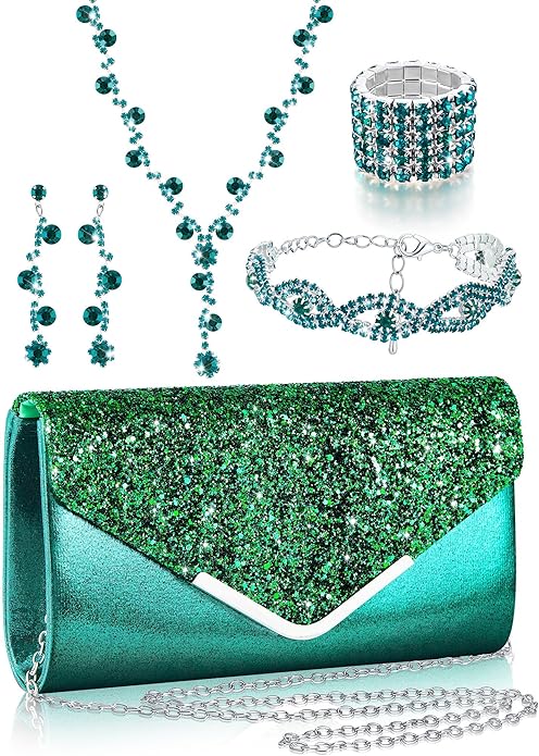 Henoyso 5 Pcs Purse Rhinestone Jewelry Set Prom Jewelry Rhinestone Clutch Purse Necklace Earrings Bracelets for Women Bride